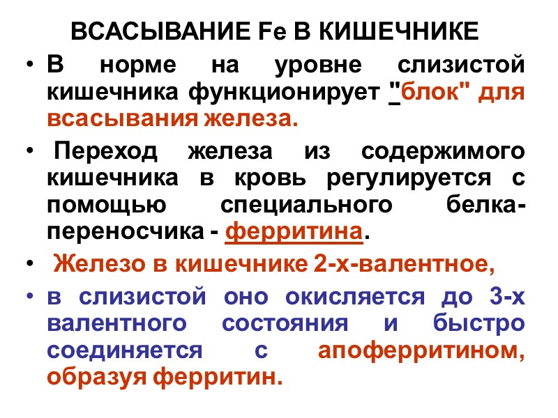 ВСАСЫВАНИЕ Fe В КИШЕЧНИКЕ В норме на уровне слизистой кишечника функционирует 